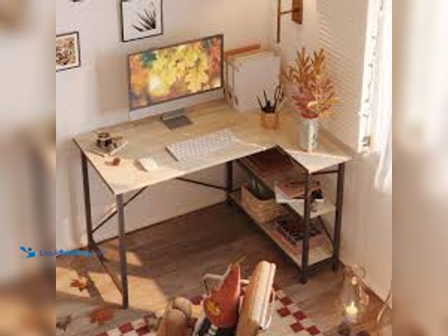 Lot 49-5459568 - Bestier 47 Inch Small L-Shaped Computer Desk with Storage Shelves Natural Oak. Model # BEST-1298-D31...