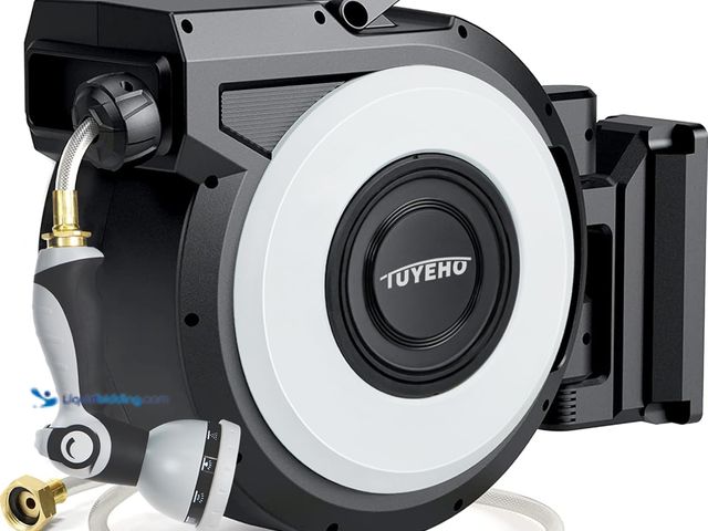Lot 49-5435407 - Tuyeho Retractable Garden Hose Reel 100FT, Wall Mount Heavy Duty Water Hose Reels with Automatic Slo...