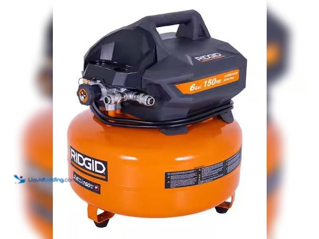 Lot 49-5478387 - RIDGID
6 Gal. 150 PSI Portable Electric Oil-Free Jobsite Pancake Air Compressor with Dual Pressure ...