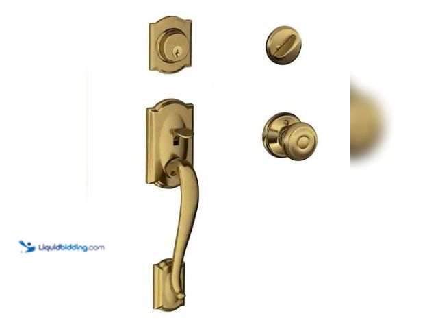 Lot 49-1573181 - Schlage Camelot Antique Brass Single Cylinder Door Handleset with Georgian Knob, Model # F60 G CAM 6...