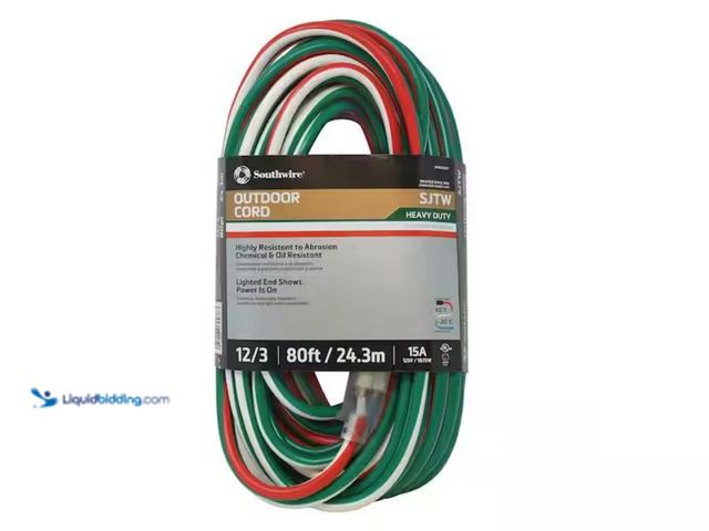 Lot 49-2001572 - Southwire 80 ft. 12/3 SJTW Outdoor Heavy-Duty Extension Cord with Power Light Plug, Red/White/Green,...