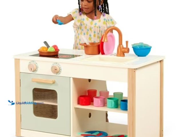 Lot 49-5541785 - Battat Two n' One Wooden Kitchen Café with Dishes and Chalkboard, Toddler and Preschool Toys (parts ...