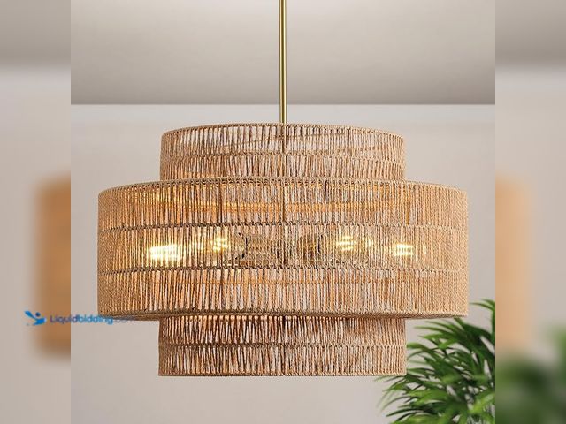 Lot 49-5452040 - 24” Boho Large Rattan Chandelier Light Fixture,6-Light Large Hand Woven Pendant Light Fixture Farmho...