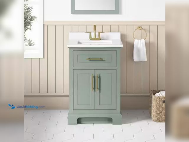 Lot 49-1550371 - Home Decorators Collection Doveton 24 in. Single Sink Sage Green Bath Vanity with White Engineered S...