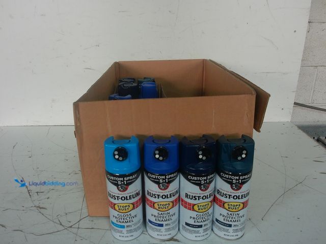 Lot 49-1628144 - Lot of (12) Rust-Oleum Stops Rust Custom Spray 5-in-1 Spray Paint, Gloss Various shades of blue, 12 ...