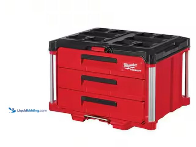 Lot 49-1623629 - Milwaukee PACKOUT 22 in. Modular 3-Drawer Tool Box with Metal Reinforced Corners, Model # 48-22-8443...