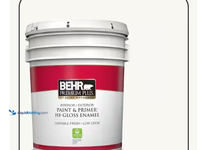 Lot 49-1566231 - BEHR PREMIUM PLUS 5 gal. Ultra Pure White Hi-Gloss Enamel Interior/Exterior Paint and Primer, Model ...