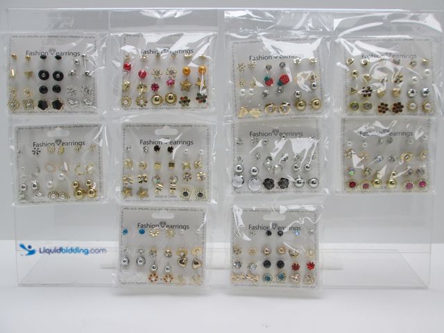 Lot 49-1820431 - Bulk Lot of 120 Pairs of Stud Ear Rings (10 Cards of 12 Pairs) Styles and Colors Vary - All Differen...