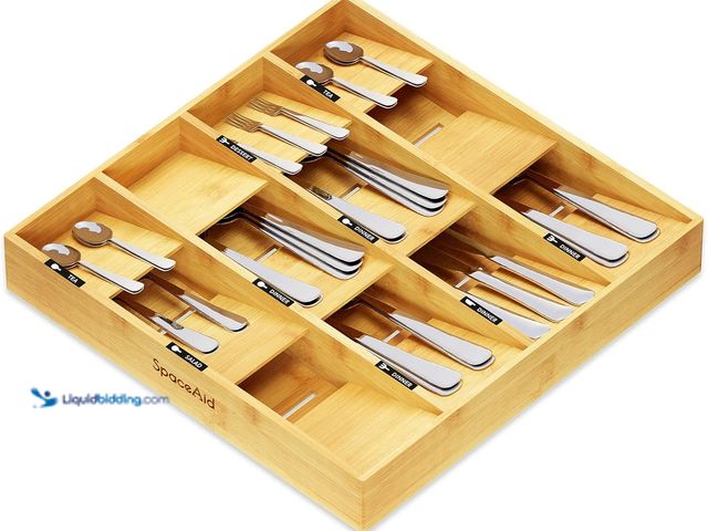 Lot 49-5458863 - SpaceAid Bamboo Silverware Drawer Organizer with Labels, Kitchen Utensil Tray Holder Organizer for F...
