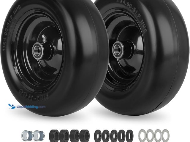 Lot 49-3482711 - 11x4.00-5” Flat Free Lawn Mower Tire and Wheel with Bearing Bore 3/4" or 5/8", 3.4"-4"-4.5"-5" Cente...