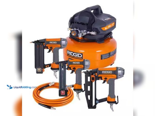 Lot 49-1569281 - RIDGID 6 Gal. 150 PSI Electric Air Compressor with 25 ft. Hose, 18GA Brad Nailer, 16GA Finish Nailer...