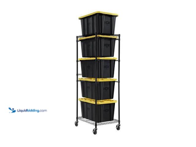 Lot 49-2021871 - HDX Steel Wire Garage Storage Bin Rack with Casters for 27 Gal. Tough Totes in Black (22 in. W x 69 ...
