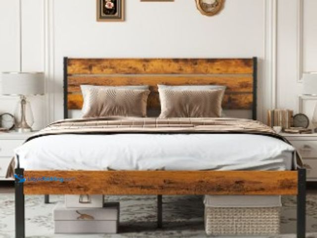 Lot 49-3531315 - EDX Full Size Metal Bed Frame with Industrial Wooden Headboard, Ample Storage, Noise-Free Design, St...