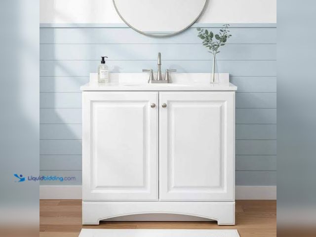 Lot 49-5578997 - Glacier Bay 37 in. Single Sink White Bath Vanity with Cultured Marble Top (Assembled). Inside bottom...