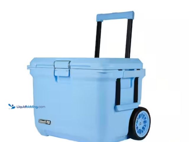 Lot 49-1623639 - Coleman Pro 55 qt. Premium Wheeled Hard Cooler, Blue Sky, Model # 2214140, Slightly used, Has attach...