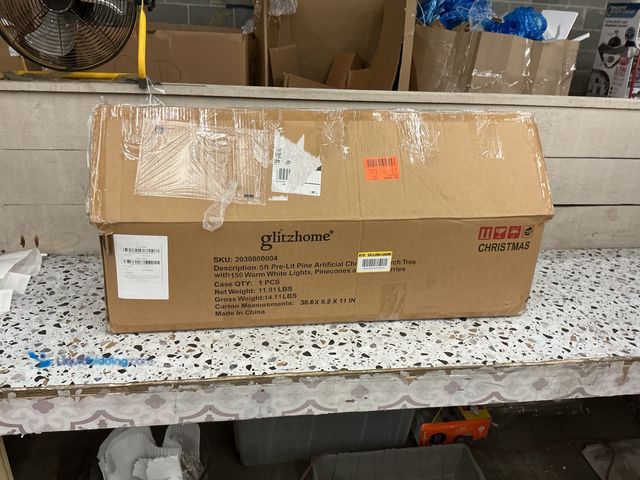 Lot 49-5447550 - Glitzhome 5 ft. Pre-Lit Pine Artificial Christmas Porch Tree with 150 Warm White Lights, Pine Cones ...