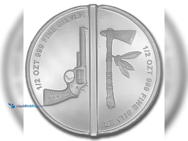 Lot 49-910395 - Cowboys and Indians / 6-Shooter and Tomahawk Silver Split Frontier Round – 1 oz .999 Fine Silver. A ...