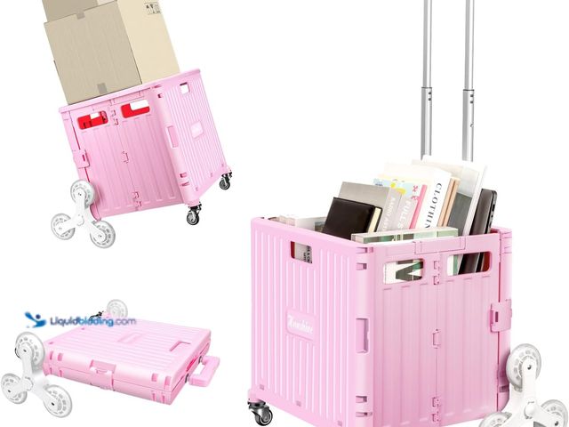 Lot 49-5453009 - Foldable Rolling Cart for Stair Climbing: Rolling Crate for Grocery File Office Book (Pink)[Model: B...