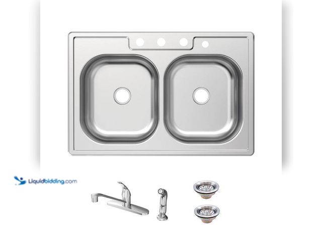 Lot 49-5413862 - Glacier Bay
33 in. Drop-In 50/50 Double Bowl 20 Gauge Stainless Steel Kitchen Sink with Faucet and ...