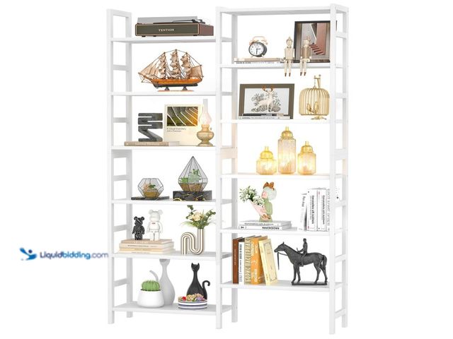 Lot 49-3472649 - Homykic Double Wide Bamboo Bookshelf White, 6-Tier Large Open Bookcase with 12 Display Shelves, 6ft ...