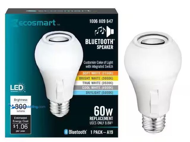 Lot 49-5478467 - EcoSmart
60-Watt Equivalent A19 CEC Bluetooth Speaker E26 Medium Base LED Light Bulb with Selectabl...