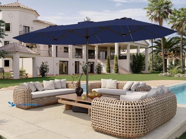Lot 49-1534485 - 15FT Double Sided Patio Umbrella with Base Included Large Outdoor Market Umbrella with Crank Handle,...