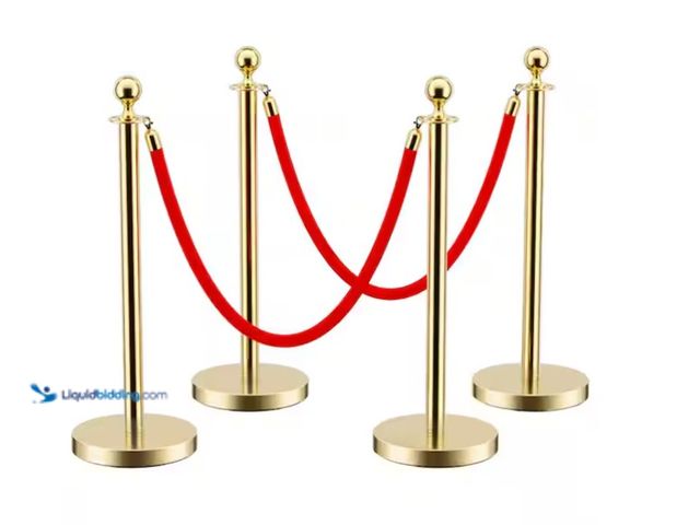 Lot 49-1575450 - HOMEIBRO Gold Stainless Steel Crowd Control Barrier 38 in. H with Ball Top and 5 ft. Red Rope (Set o...
