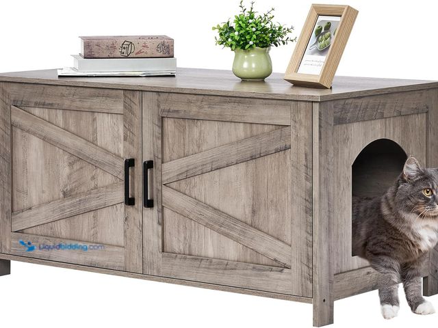 Lot 49-5542889 - Homhedy 39.4" L Cat Litter Box Enclosure, Pet House with Barn Door, Wooden Cat Washroom Furniture, F...