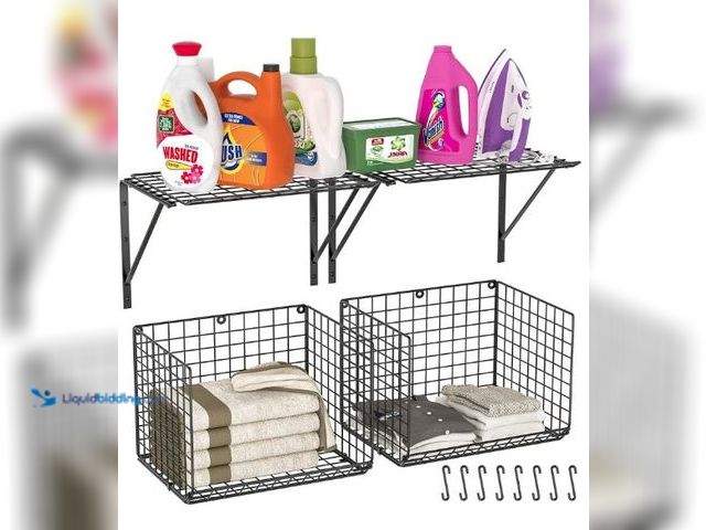 Lot 49-5436625 - 2 Pack Laundry Room Shelves, Wire Baskets with 8 Hooks, Over Washer and Dryer Shelf, Wall Mounted St...