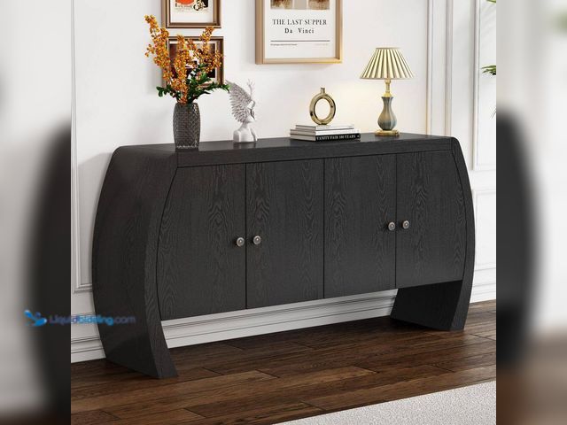 Lot 49-5512096 - Harper & Bright Designs Curved Black Wood 58.6 in. Sideboard with Adjustable Shelves and Brass Handl...