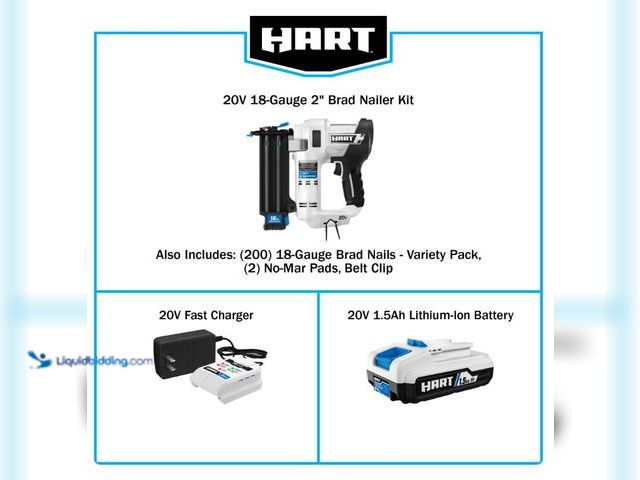 Lot 49-1631045 - HART 20-Volt 2-inch 18-Gauge Battery-Powered Brad Nailer Kit, (1) 1.5Ah Lithium-Ion Battery and (1) ...