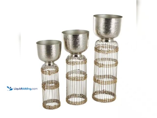 Lot 49-1515874 - Litton Lane 32 in., 27 in. and 24 in. Extra Large Silver Metal Textured Dome Planter with Seagrass a...