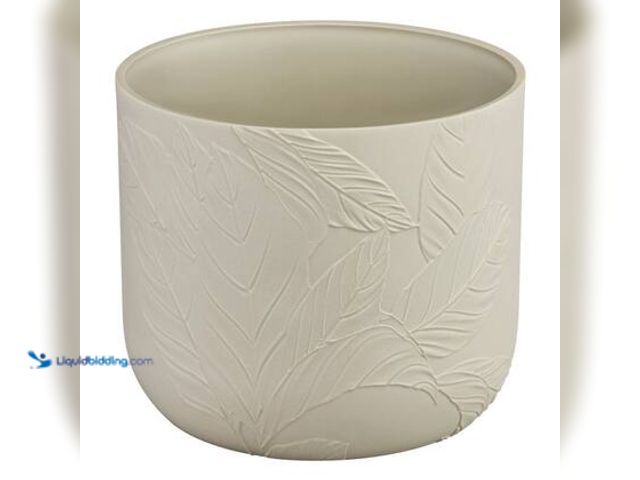 Lot 49-3565203 - qty 2 - Vigoro Cordelia Medium Eggshell Fiberglass Leaf Print Round Planter (11 in. L x 11 in. W x 9...