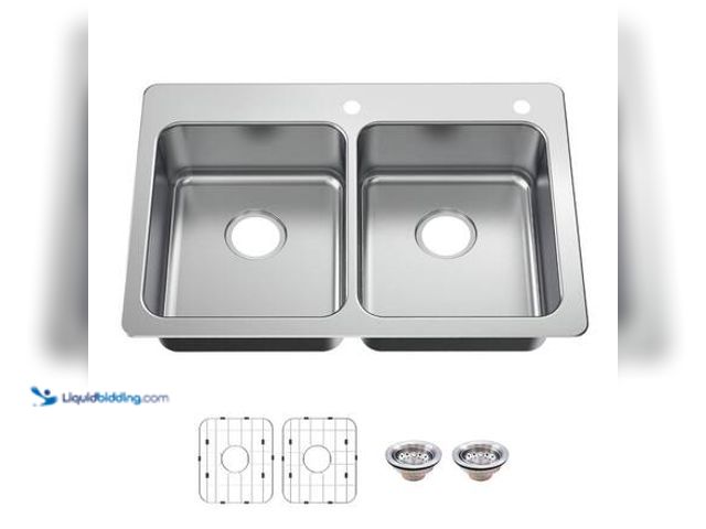 Lot 49-5559554 - Glacier Bay Bratten 33 in. Drop-In 50/50 Double Bowl 18 Gauge Stainless Steel Kitchen Sink with Acce...