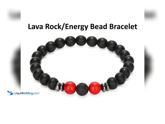 Lot 49-5434090 - Lava Rock/Energy Bead Bracelet 8mm Black/Red - NEW - Features 8mm Lava Rock/Beads, Elastic Chord wit...
