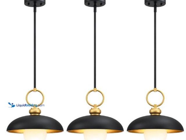 Lot 49-1513889 - Vintage Pendant Light Fixture 3 Pack, Black Dome Iron Pendant Lights with Gold Handle Farmhouse Blac...