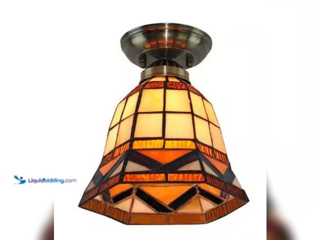 Lot 49-1529886 - 7.87 in. 1-Light Vintage Stained Glass Shade Flush Mount Ceiling Light for Bedroom Entry Hallway, Mo...