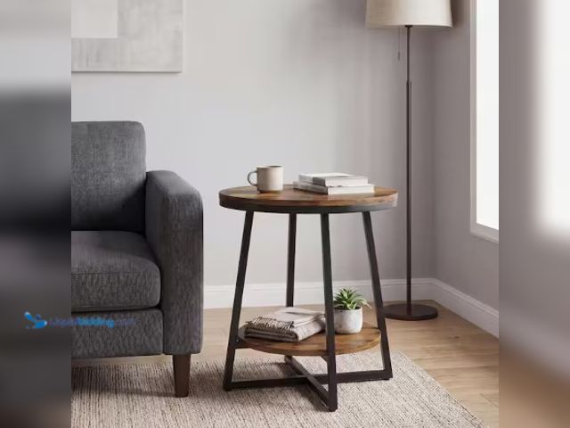 Lot 49-2022551 - BYBLIGHT Kerlin 20 in. Rustic Brown Round Wood End Table with 2 Tier Storage Shelf Side Table, Night...