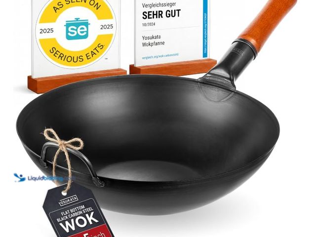 Lot 49-5545615 - YOSUKATA 13.5" Carbon Steel Wok Pan – Pre-Seasoned Flat Bottom Pow Wok for Stir Fry, BBQ, Grill & Ca...