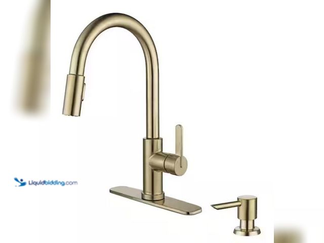 Lot 49-2006514 - Glacier Bay Paulina Brushed Gold 16.53 in. High 1 Handle P/Down Sprayer Kitchen Faucet with 360° Swi...