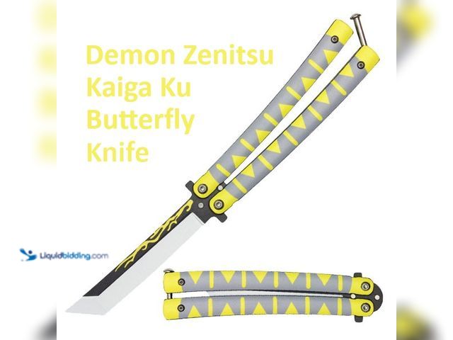 Lot 49-5434389 - Demon Zenitsu Kaiga Ku Butterfly Knife 9" Yellow/Grey - NEW - Featuring black and silver blade with ...