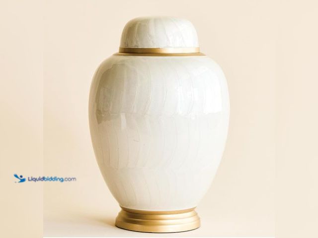 Lot 49-3431520 - AspenStudio White Pearl Cremation Urn in Oval Shape for Human Cremation Ashes Handcrafted Funeral Me...
