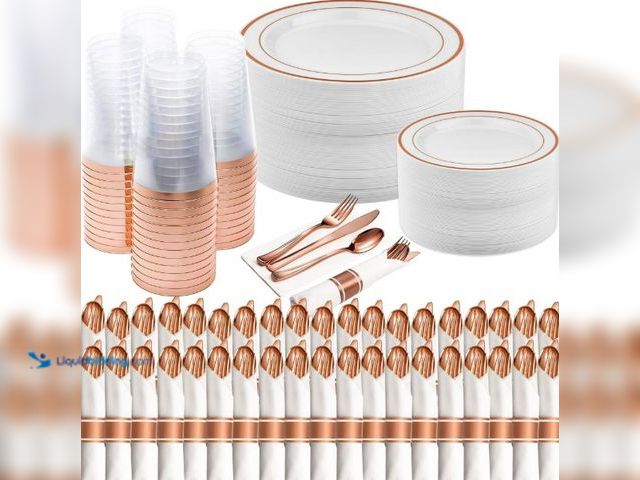 Lot 49-5437865 - Rose Gold Disposable Dinnerware Sets - 350-Piece Plastic Dinner Set for 50 Guests, Includes Plastic ...
