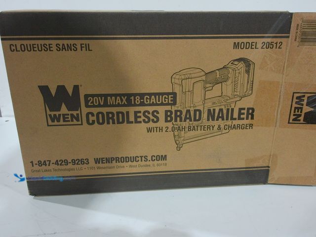 Lot 49-2006003 - WEN 20V Max Cordless 18-Gauge Brad Nailer with 2.0Ah Battery and Charger (20512), Model # B0CH3R5G59...