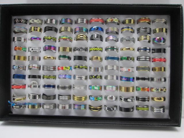 Lot 49-3435027 - Bulk Lot of 100 Stainless Steel Rings in Black Retail Display Box - NEW - Includes Men's and Women's...
