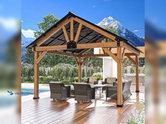 Lot 49-1624007 - JOYSIDE 15 ft. x 13 ft. Solid Cedar Wood Outdoor Patio Hardtop Gazebo with Black Galvanized Steel Ro...