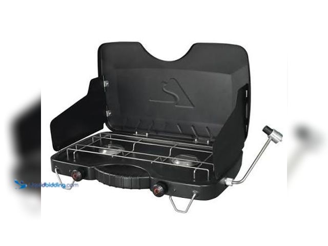 Lot 49-3566736 - Ozark Trail 2-Burner Propane Gas Camping Stove, Black model:841765102635 unused. Unable to test.