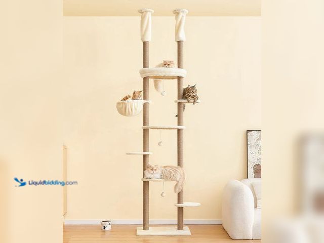 Lot 49-1555603 - MWPO 92"-102" Floor-to-Ceiling Cat Tree, Beige, Model# TX00132, Unused.  Ref#BULK1126