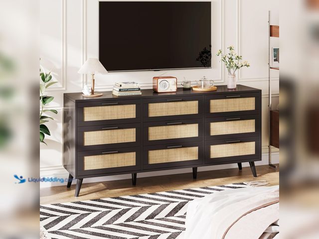Lot 49-5408076 - 9 Drawer Double Dresser for Bedroom, Rattan Chest of Dressers, Modern Wooden Dresser Chest with Gold...