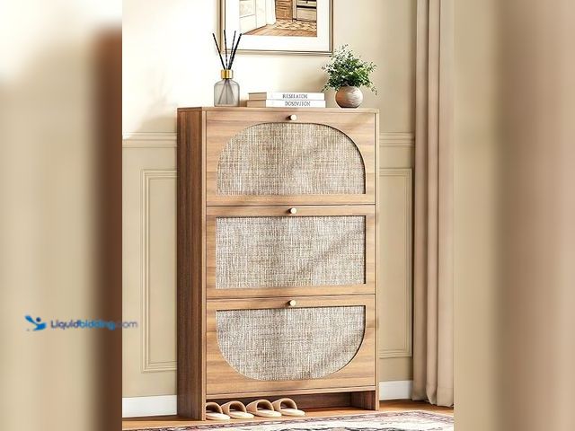 Lot 49-1632091 - Freestanding Ultra Slim Rattan Arched Accent Shoe Storage Cabinet for Entryway, 3 Flip Drawers & 3-T...